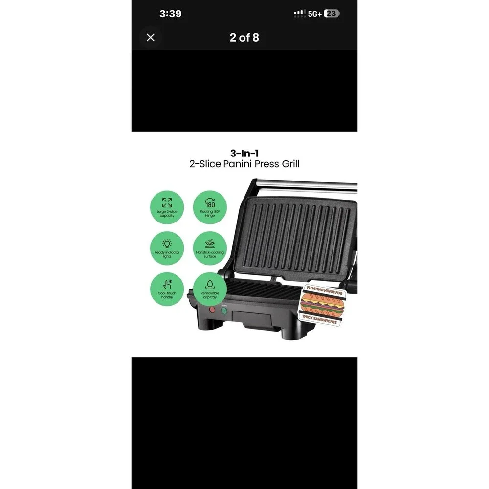 Electric Panini Press Grill and Gourmet Sandwich Maker w/ Non-Stick Coated Pl...